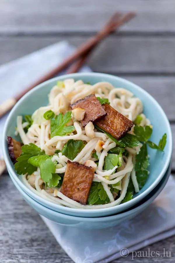 Asia-Nudelsalat mit Erdnussvinaigrette und knusprigem Tofu