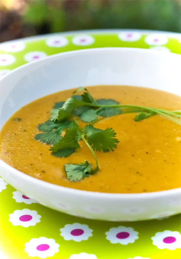 Indisch angehauchte Möhren-Kürbis-Suppe mit Linsen und Kokosmilch